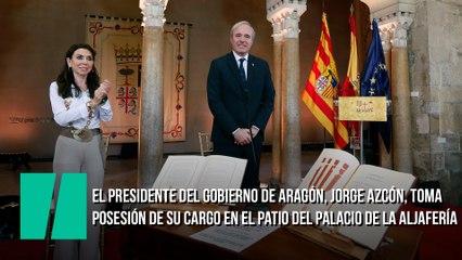 El presidente del Gobierno de Aragón, Jorge Azcón, toma posesión de su cargo en el patio del Palacio de la Aljafería
