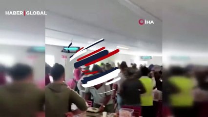 Didim’de otel inşaatı yemekhanesinde işçilerin sıra kavgasının meydan savaşına döndüğü anlar kamerada