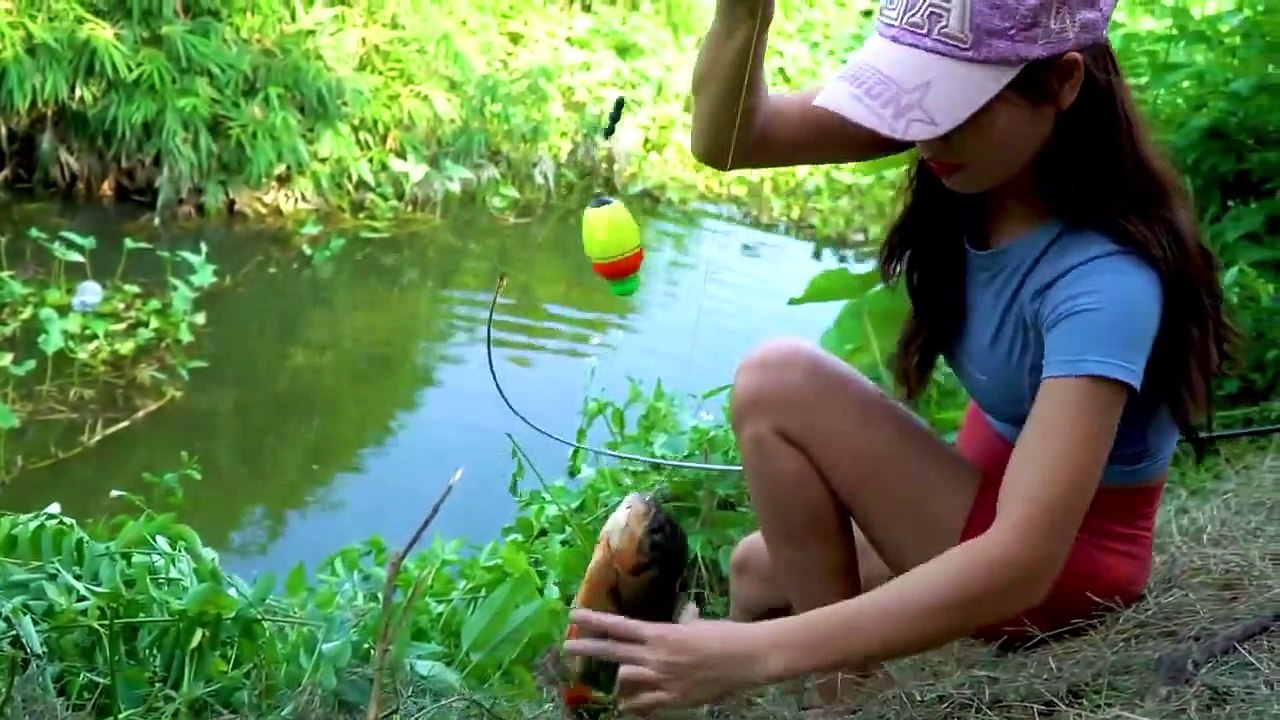 Fishing Video. Beautiful Girl Fishing with the Best Hook. Hook Fishing ...