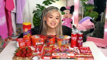 RED SPICY FOOD ASMR MUKBANG  SPICY NOODLE, SNACKS, STRAWBERRY, JELLY