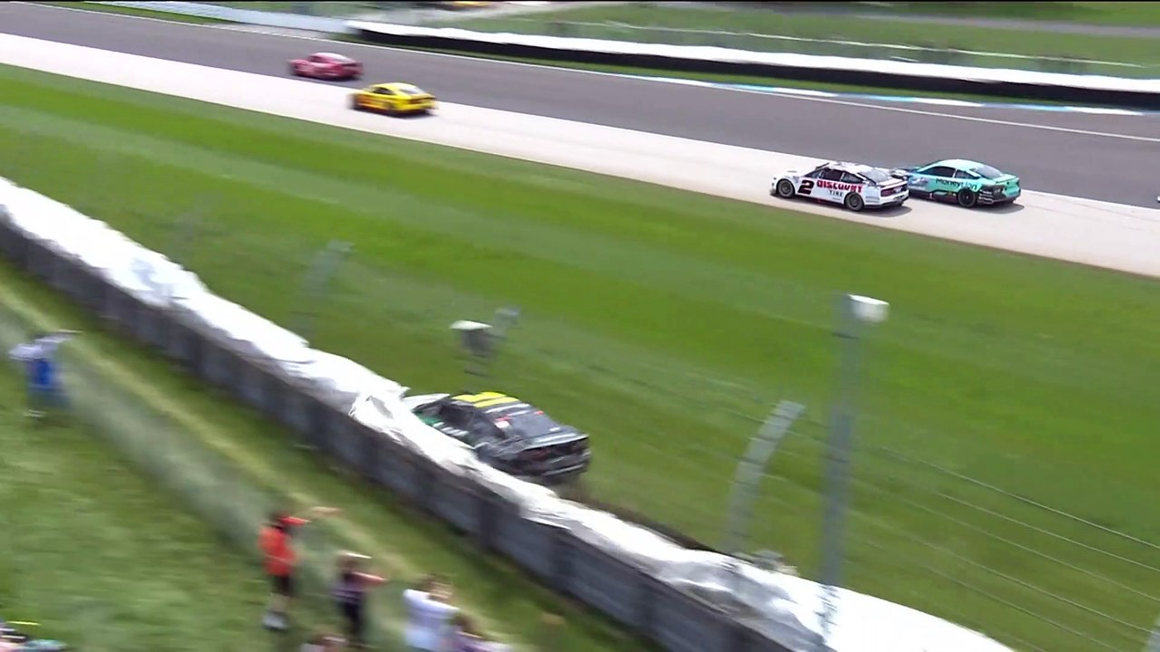 Justin Haley into the tire barrier after contact with Logano video