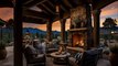 Luxurious porch with a crackling fireplace during a summer sunset