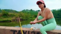 Hook Fishing. Fishing Village Girl Fishing Big Black Carp