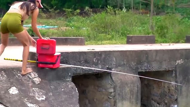 Fishing. Amaze the Girl Who Hunts Big Fish with Hooks