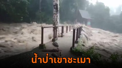 ระทึก ! น้ำป่าไหลหลากเขาชะเมา ซัดแรงก่อนเข้าท่วมบ้านเรือน