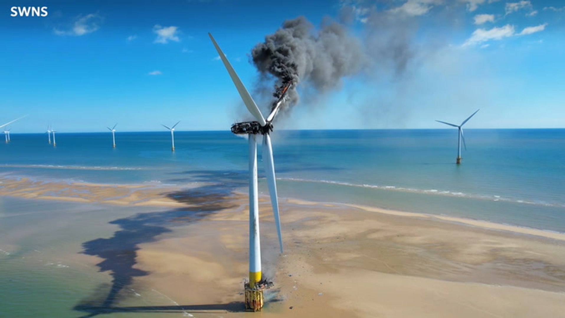 ⁣Thick smoke rises as offshore wind turbine catches fire close to Suffolk