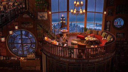 Jazz Relaxation  Coffee Library Rainy view of the city from the window Gentle