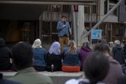 Cancelled comedian Graham Linehan performs outside the Scottish Parliament