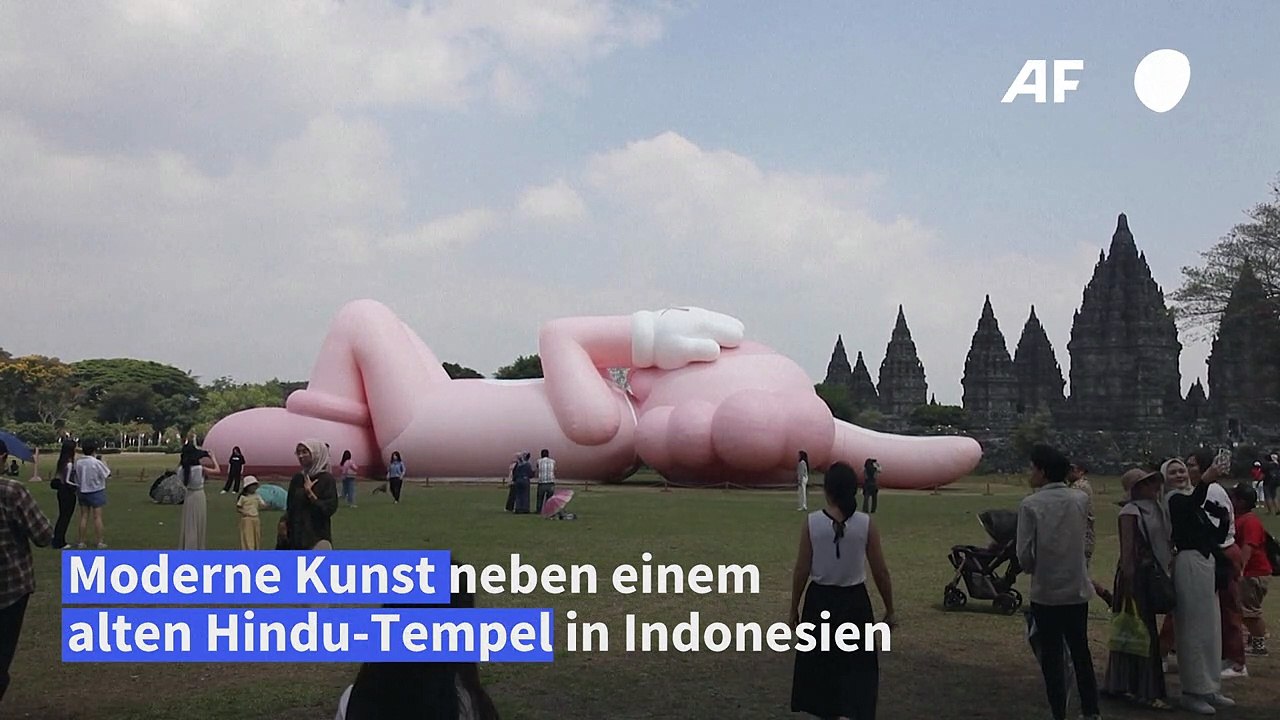 Rosafarbener riesenhase neben altem tempel in indonesien