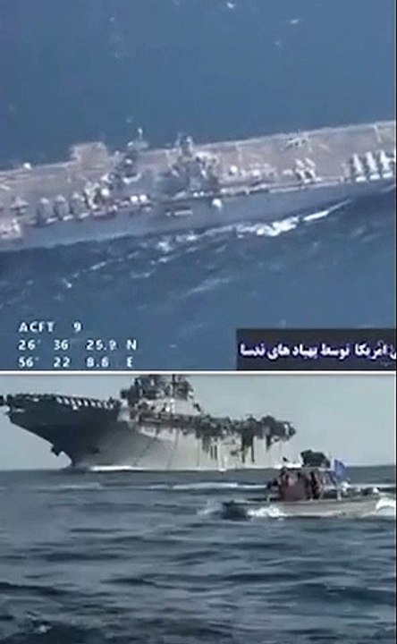 Moment Iranian drones and speedboats swarm US warship and docking ship with 4,000 troops on board during tense clash in the Persian Gulf