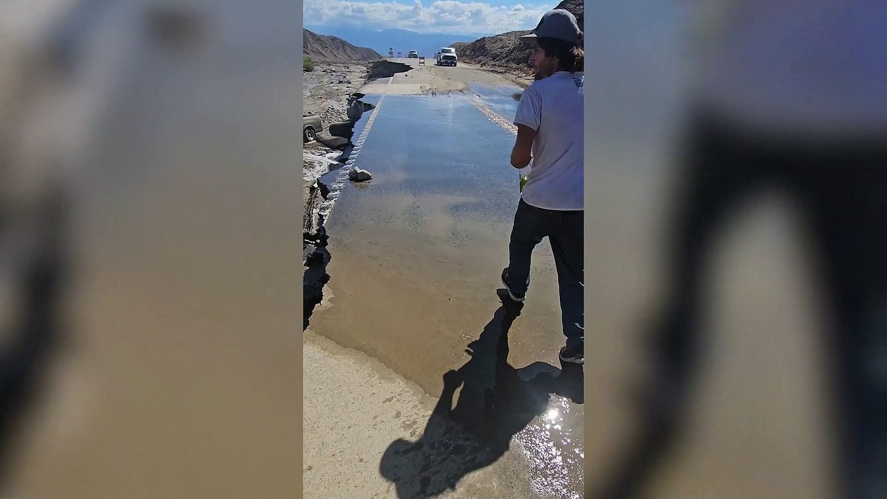Flooding from Tropical Storm Hilary and quake leave California road completely destroyed