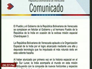 Venezuela felicita a la India por misión espacial del módulo Chandrayaan-3