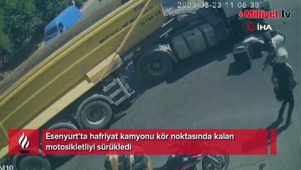 Hafriyat kamyonu kör noktasında kalan motosikletliyi böyle sürükledi