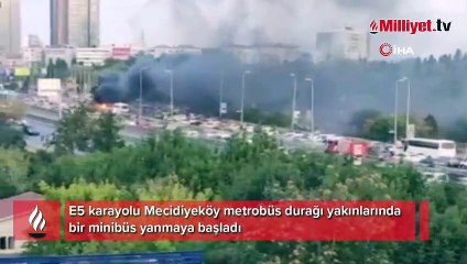 E5’te minibüs yandı: Trafik durma noktasına geldi