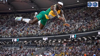 Jamaica's Carey McLeod looked like he was never going to land after one of his attempts in the World Athletics Championships long jump final went horribly wrong