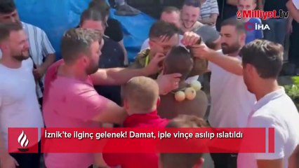 İznik’te ilginç gelenek! Damadı vinçe astılar