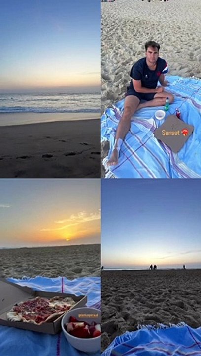 Damian et Morgane se sont offerts un beau pique-nique avec pizza et salade de fruits devant un coucher de soleil