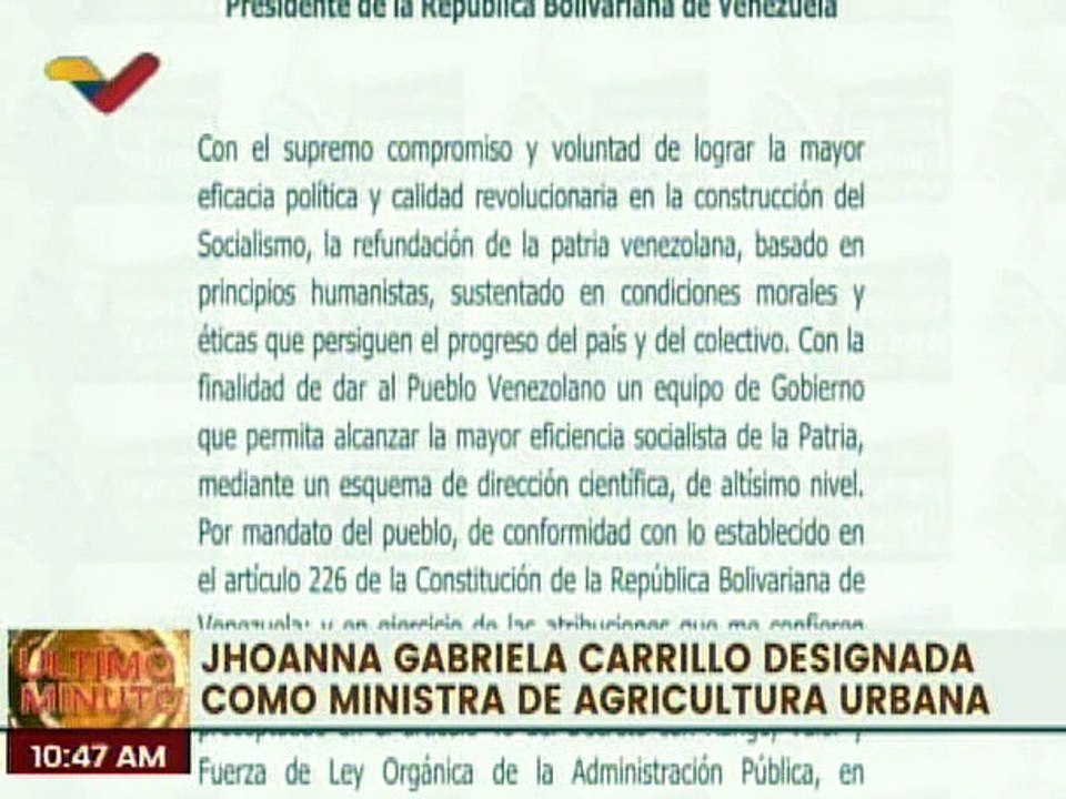 Designan en Gaceta Oficial a Jhoanna Carrillo Malavé como ministra del P.P. Agricultura Urbana