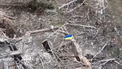 Ukraine flag flies on building after village of Robotyne captured from Russia