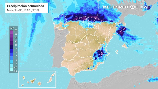 Chubascos y tormentas intensos el miércoles en el este y Baleares