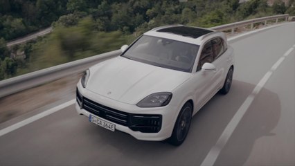 The new Porsche Cayenne Turbo E-Hybrid in Carrera White Driving Video