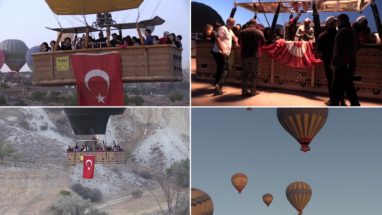 Sıcak hava balonları Kapadokya semalarında Türk bayraklarıyla süzüldü