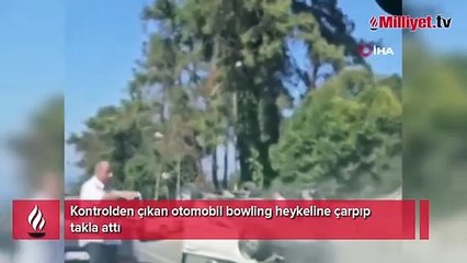 Sarıyer’de korkunç kaza! Bowling heykeline çarpıp havalanarak takla attı