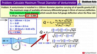 Horizontal Venturi Meter Numerical Problem: Calculate Maximum Throat Diameter | Shubham Kola