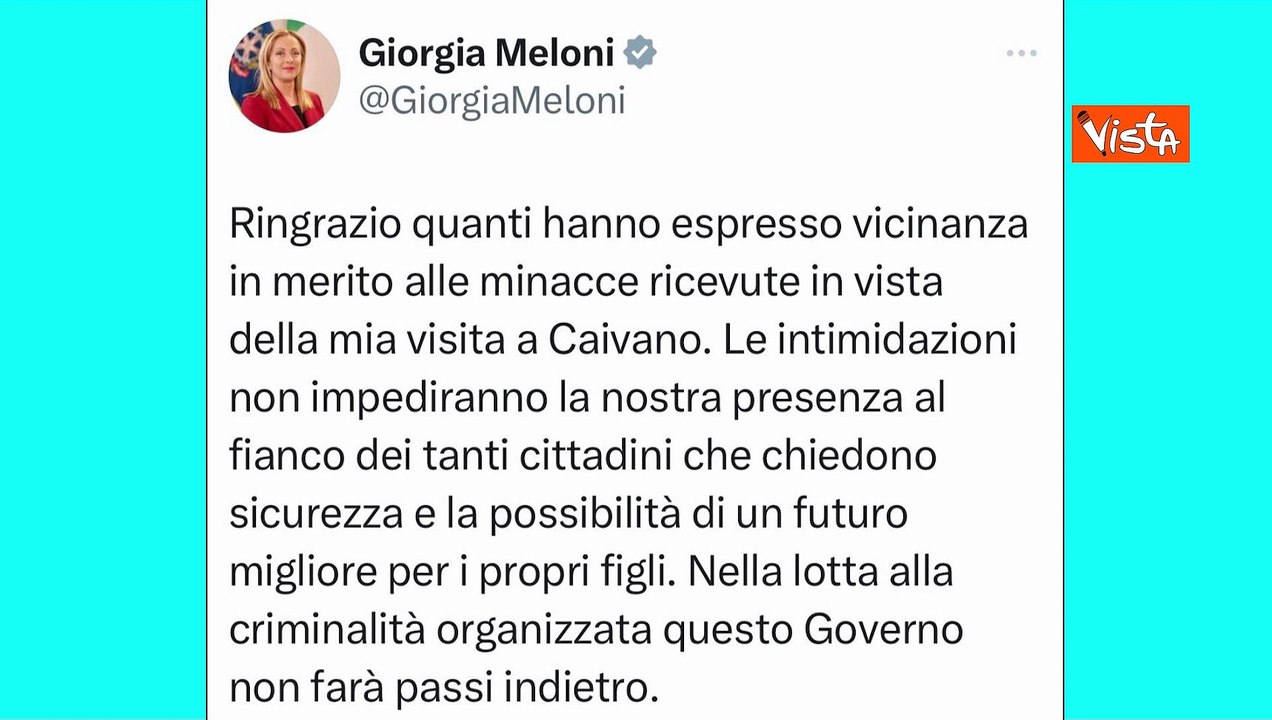 Minacce a Meloni per visita a Caivano, il post della Premier: Intimidazioni non impediranno presenza