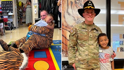 Soldier dressed as mascot surprises son on first day of school after year deployment
