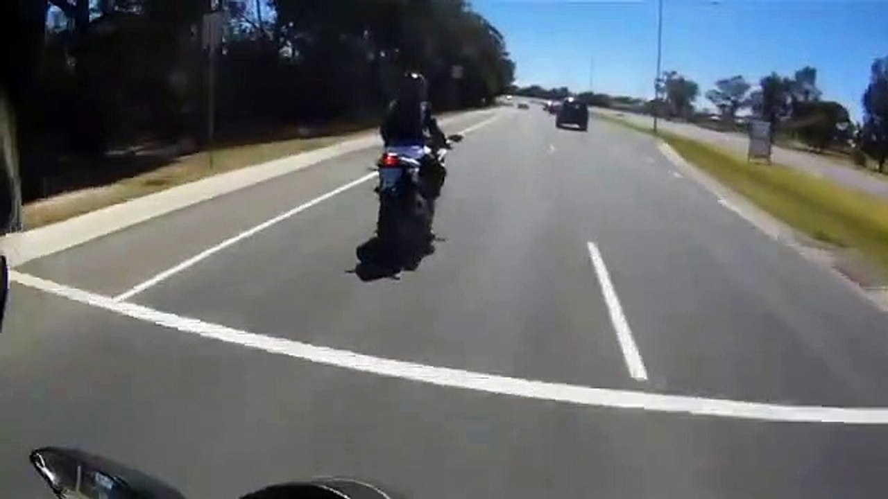 Un kangourou saute au-dessus d'un motard à pleine vitesse