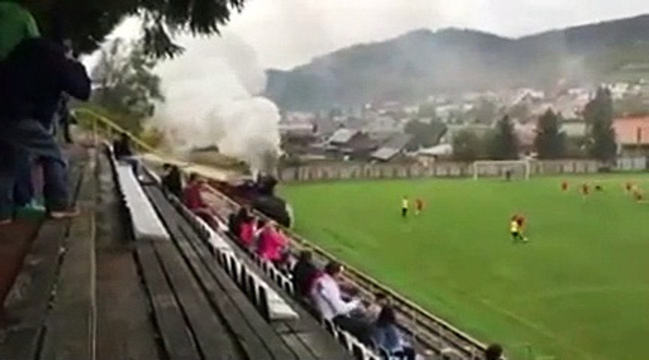 Un train traverse un terrain de football en ple...
