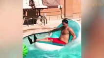 Unexpected Poolside Plunge: Hilarious Inflatable Mat Mishap!