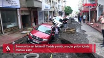 Samsun'da sel felaketi! Cadde yarıldı, araçlar mahsur kaldı