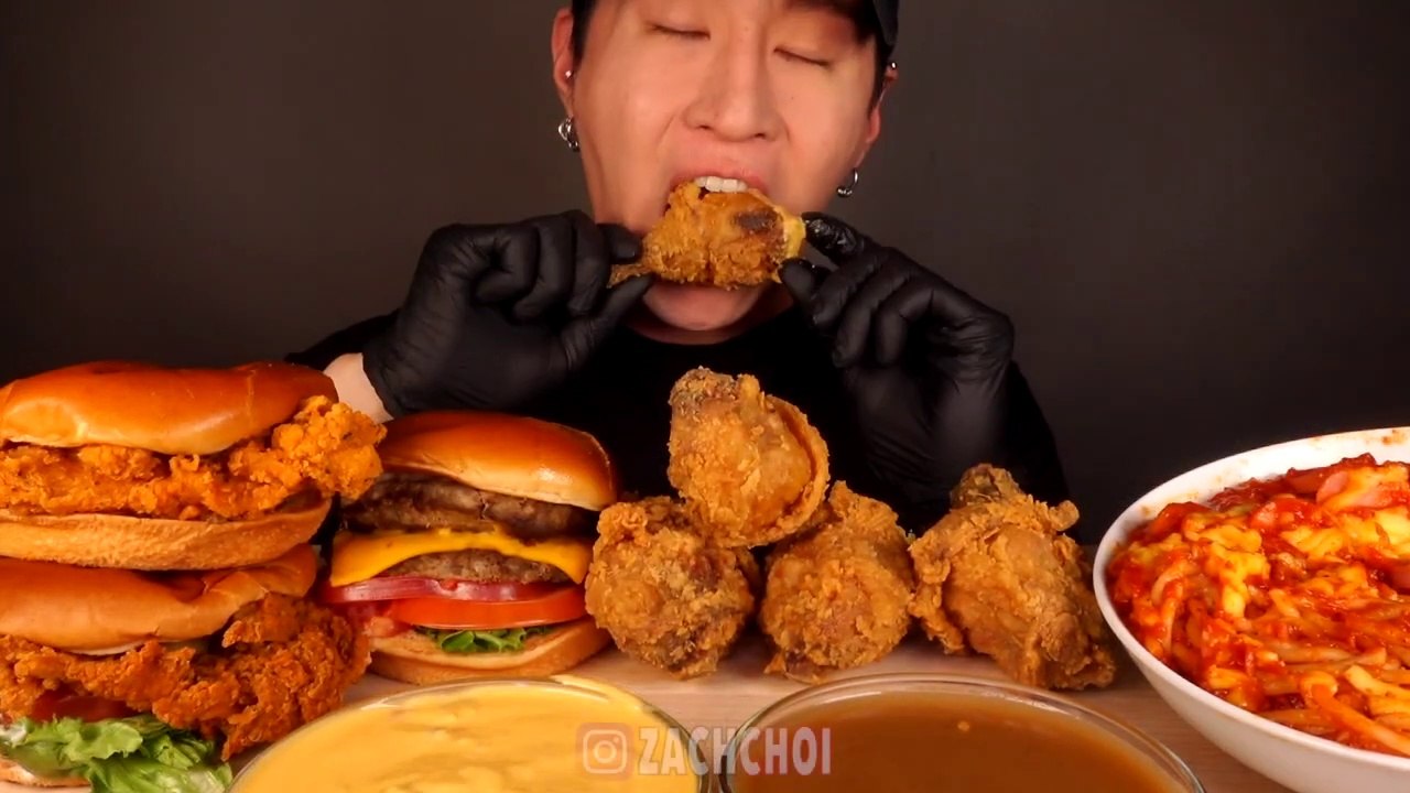 ASMR MUKBANG CHEESY FRIED CHICKEN, CHICKEN SANDWICH, DOUBLE CHEESE BURGER & SPAGHETTI (No Talking)