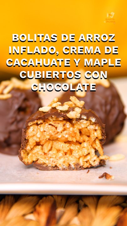 Bolitas de Arroz inflado, crema de cacahuate y maple cubiertos con chocolate