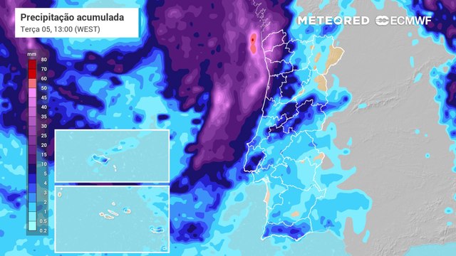 Eis a previsão da acumulação de chuva nos próximos dias em Portugal associadas ao efeito Fujiwhara