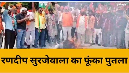 बांदा: भाजपा समर्थक मंच के लोगों ने कांग्रेस सांसद रणदीप सुरजेवाला का फूंका पुतला