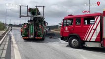 TEM Otoyolu Seyrantepe Aslantepe mevkiinde çakıl yüklü hafriyat kamyonu devrildi