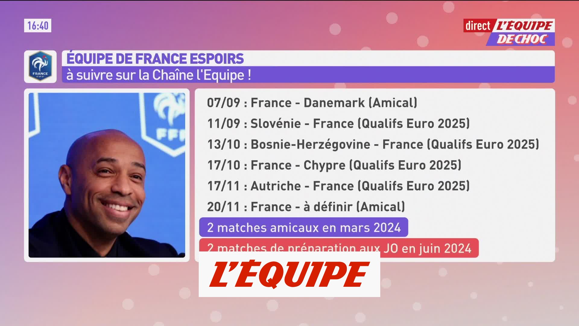 La chaîne L'Équipe nouveau diffuseur de l'équipe de France Espoirs - Foot -  Bleuets - Vidéo Dailymotion