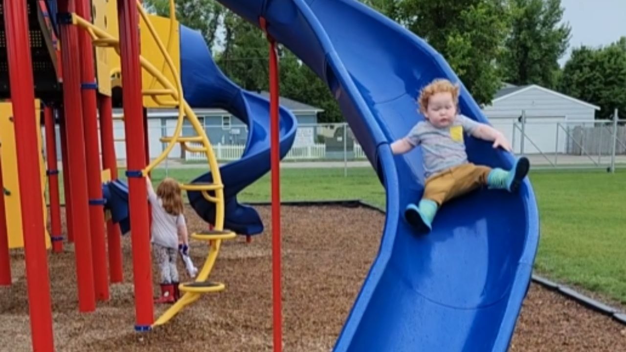 Toddler almost falls when he comes down the slide *Funny Toddler Slide ...