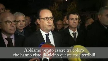 Hollande sui luoghi degli attentati: «Francia unita, sarà lotta spietata ai terroristi»