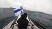 Finnish Rower Jari Saario on his rowing boat in the Atlantic