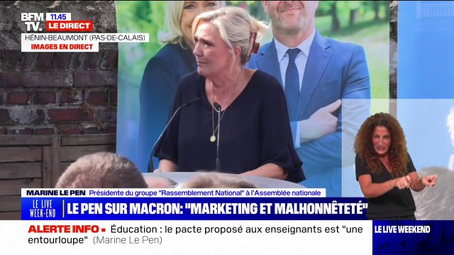 Marine Le Pen juge la politique d'Emmanuel Macron de subtil mélange de marketing et de malhonnêteté