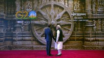 G20 Summit, New Delhi_ Prime Minister Narendra Modi welcomes President Macron at Bharat Mandapam