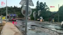 Bodrum Bitez'de su isale hattı patladı: Yol çöktü, cadde suyla doldu