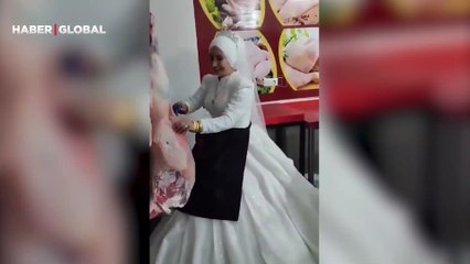 Düğünde sıra dışı görüntüler! Kasap gelinin görüntüleri sosyal medyada olay oldu