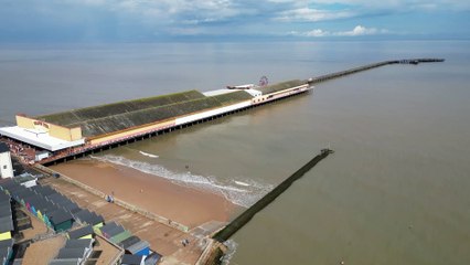 Flying my DJI Mini Pro Drone Over Walton On The Naze Pier Essex 2023 in betwine the rain P1