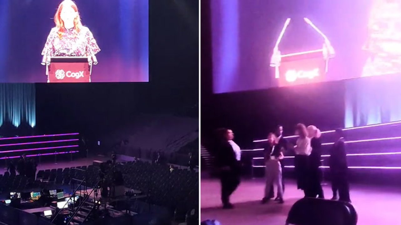 Tory minister Michelle Donelan heckled by protestors as she gives AI speech at ‘empty’ O2 Arena