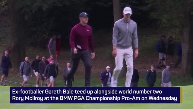 Gareth Bale tees up alongside Rory McIlroy at Wentworth